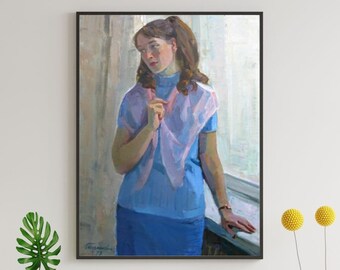 VINTAGE ORIGINAL PAINTING, oil painting, socialist realism, vintage, portrait, female portrait, Young girl, ukrainian artist