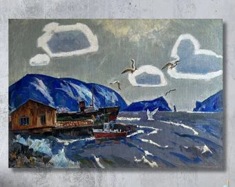 Original painting, ukrainian painting, vintage, wall art, impressionism, landscape, Cloudy day, Fishery Town, artist M. Kokin