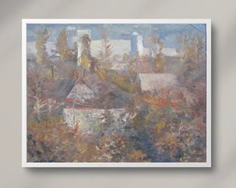 VINTAGE ORIGINAL PAINTING, socialist realism, genre, landscape, Autumn motive, Autumn in the city, artist Y. Lyubavin