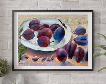 Original painting, gift, ukrainian painting, wall painting, portrait, landscape, still life, Plums on the table, artist N. Chernyakhovskaya