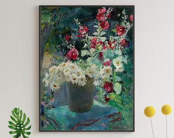 VINTAGE ORIGINAL PAINTING, oil painting, vintage realism, impressionism, still life, Flowers, Daisies and mallows, artist O. Titarenko