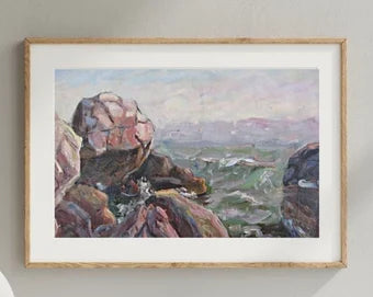 VINTAGE ORIGINAL PAINTING, socialist realism, genre, landscape, Seascape, Stormy sea, Rocky coast, 1963, artist A. Khmelnitsky