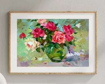 ORIGINAL PAINTING, oil painting, socialist realism, impressionism, rural life, still life, Roses, artist Y. Suprunchuk