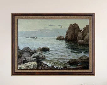 VINTAGE ORIGINAL PAINTING, oil painting, ukrainian painting, impressionism, landscape, Seascape, Rocky Shore, artist S. Yarovoy