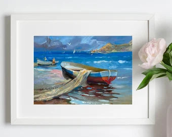 ORIGINAL PAINTING, modern painting, oil painting, impressionism, landscape, seascape, Boat on the seashore,  artist Y. Suprunchuk