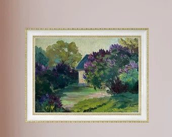 ORIGINAL PAINTING, vintage realism, oil painting, impressionism, landscape, Lilac blossom, artist B. Romanyuk