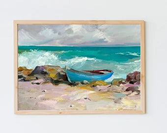 ORIGINAL PAINTING, modern painting, oil painting, impressionism, landscape, seascape, Boat on the seashore,  artist Y. Suprunchuk