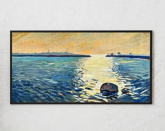 ORIGINAL PAINTING, vintage realism, oil painting, impressionism, landscape, seascape, Sunrise, artist V. Oleinik