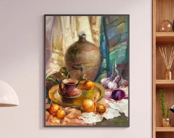 VINTAGE ORIGINAL PAINTING, oil painting, socialist realism, rural life, still life, On the table, artist Yu. Suprunchuk