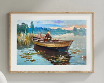 ORIGINAL PAINTING, modern painting, oil painting, impressionism, landscape, rural landscape, Morning fishing, artist Yu. Suprunchuk