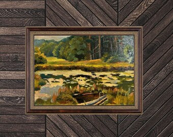 ORIGINAL PAINTING, vintage realism, oil painting, impressionism, landscape, rural landscape, Autumn lake, artist B. Romanyuk