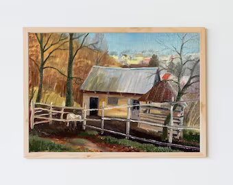 ORIGINAL PAINTING, vintage realism, oil painting, impressionism, landscape, rural landscape, House in the village, artist B. Romanyuk