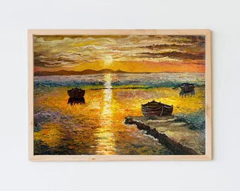 ORIGINAL PAINTING, vintage realism, oil painting, impressionism, landscape, seascape, Sunset, artist B. Romanyuk