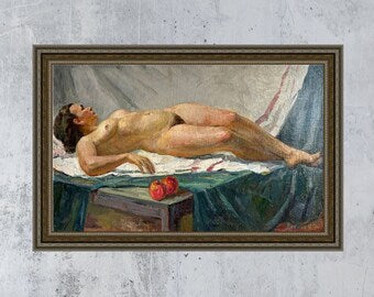 VINTAGE ORIGINAL PAINTING, socialist realism, oil painting, vintage realism, genre, staging, Nude, artist N. Dubinа