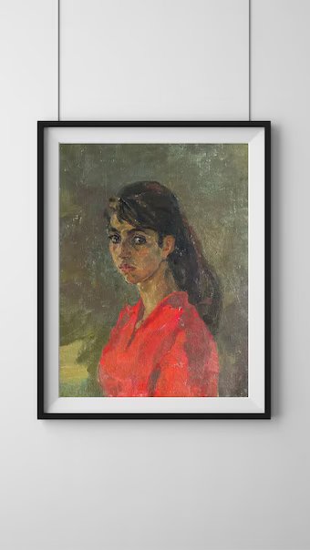 VINTAGE PAINTING, oil painting, socialist realism, portrait, vintage painting of woman, Young girl, artist M. Andriychuk