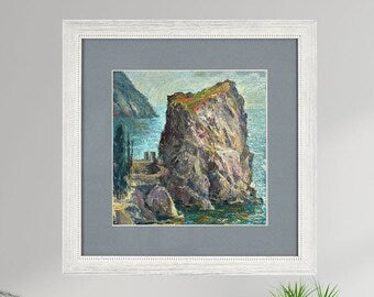 VINTAGE ORIGINAL PAINTING, vintage realism, socialist realism, impressionism, landscape, seascape, Sea cliffs, artist B. Portnoy