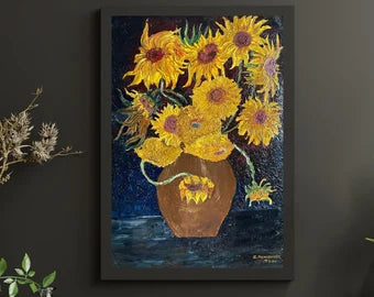 ORIGINAL PAINTING, vintage realism, impressionism, socialist realism, rural life, still life, Sunflowers, artist B. Romanyuk