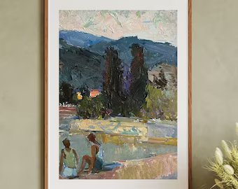 VINTAGE ORIGINAL PAINTING, socialist realism, landscape, impressionism, genre, Fishing, artist I. Kabysh