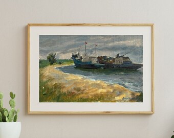 Original painting, ukrainian painting, vintage, wall art, impressionism, landscape, Ship on the shore, artist M. Andriychuk