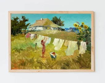 ORIGINAL PAINTING, modern painting, oil painting, impressionism, landscape, rural landscape, Country yard, Big Wash, artist Yu. Suprunchuk