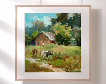 ORIGINAL PAINTING, modern painting, oil painting, impressionism, landscape, rural landscape, On the pasture, artist Yu. Suprunchuk