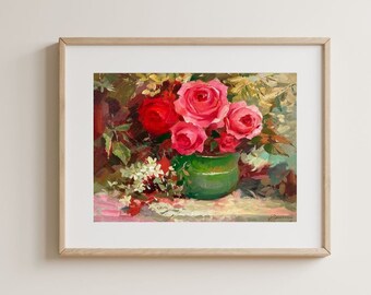 VINTAGE ORIGINAL PAINTING, oil painting, socialist realism, rural life, still life, Bouquet of flowers, Roses, artist Yu. Suprunchuk