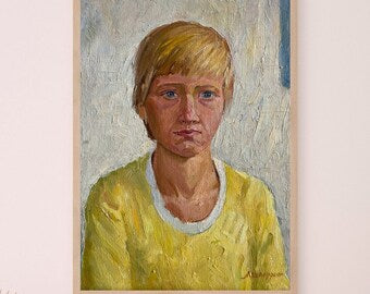 VINTAGE ORIGINAL PAINTING, socialist realism, vintage realism, portrait, Young boy, artist L. Sheludko