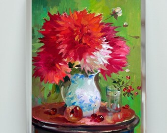 ORIGINAL PAINTING, oil painting, rural life, still life, Bouquet of red flowers, artist Yu. Suprunchuk