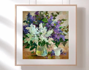 VINTAGE ORIGINAL PAINTING, oil painting, socialist realism, rural life, still life, Bouquet of lilac, artist Yu. Suprunchuk