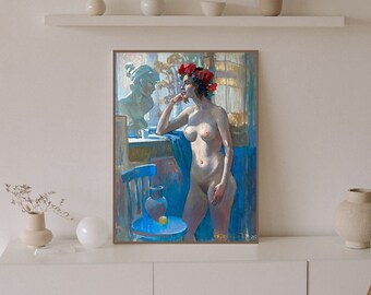 ORIGINAL PAINTING, modern painting, oil painting, impressionism, portrait, female portrait, nude, Near the window, artist N. Butkovsky