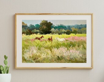 ORIGINAL PAINTING, modern painting, oil painting, impressionism, landscape, rural landscape, Horses, On the pasture, artist Yu. Suprunchuk