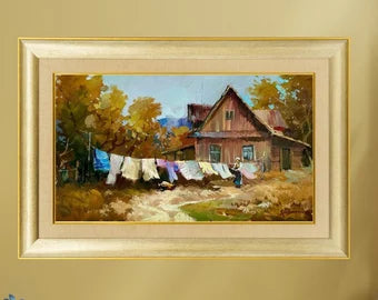 ORIGINAL PAINTING, modern painting, oil painting, impressionism, landscape, rural landscape, Country yard, Big Wash, artist Yu. Suprunchuk