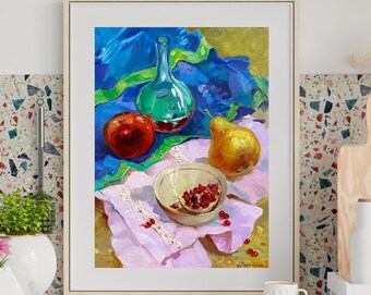 VINTAGE ORIGINAL PAINTING, oil painting, socialist realism, rural life, still life, Fruits on the table, artist Yu. Suprunchuk