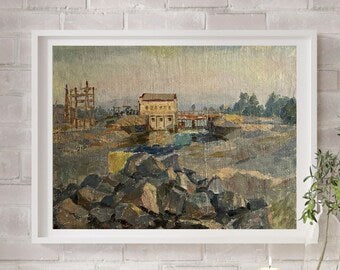 VINTAGE ORIGINAL PAINTING, socialist realism, genre, landscape, Construction site, Hydroelectric power station, artist Y. Lyubavin