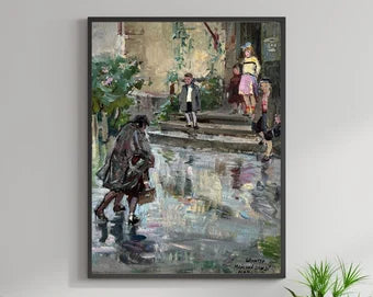 VINTAGE PAINTING, oil painting, vintage realism, socialist realism, portrait, genre, Near the school, May rain, artist V. Shingur