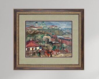 VINTAGE ORIGINAL PAINTING, socialist realism, impressionism, landscape, rural landscape, Village in the mountains, artist I. Klets