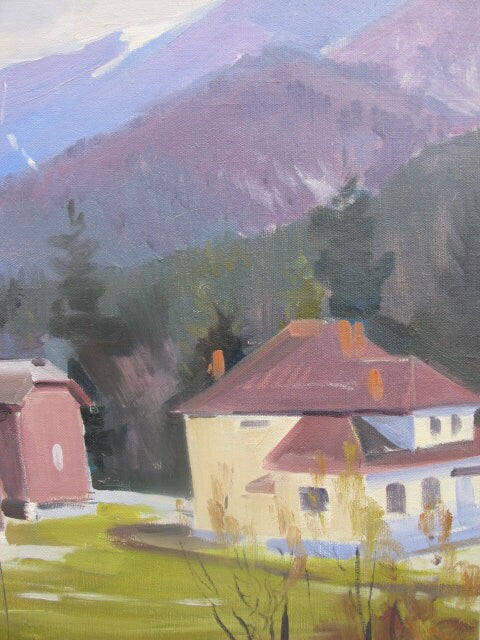 VINTAGE ORIGINAL PAINTING, oil painting, ukrainian painting, impressionism, landscape, Village in the mountains, artist K. Yakubek