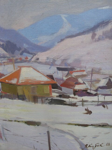 VINTAGE ORIGINAL PAINTING, oil painting, ukrainian painting, impressionism, landscape, Winter in the mountains, artist K. Yakubek