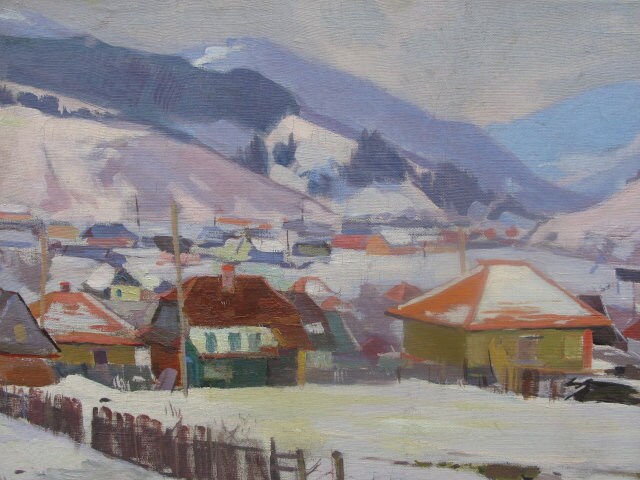 VINTAGE ORIGINAL PAINTING, oil painting, ukrainian painting, impressionism, landscape, Winter in the mountains, artist K. Yakubek