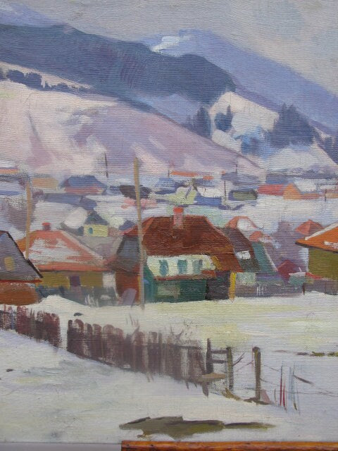 VINTAGE ORIGINAL PAINTING, oil painting, ukrainian painting, impressionism, landscape, Winter in the mountains, artist K. Yakubek