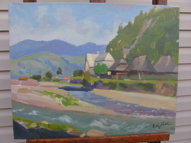 VINTAGE ORIGINAL PAINTING, oil painting, ukrainian painting, impressionism, landscape, River in the mountains, artist K. Yakubek