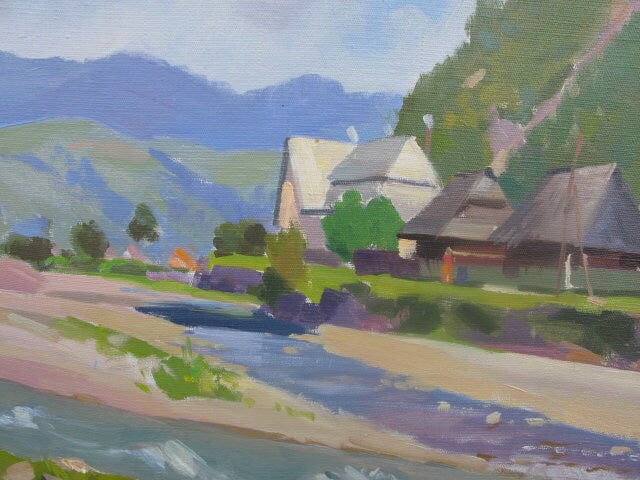 VINTAGE ORIGINAL PAINTING, oil painting, ukrainian painting, impressionism, landscape, River in the mountains, artist K. Yakubek