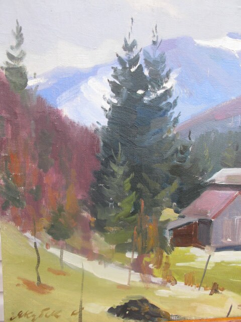 VINTAGE ORIGINAL PAINTING, oil painting, ukrainian painting, impressionism, landscape, Village in the mountains, artist K. Yakubek