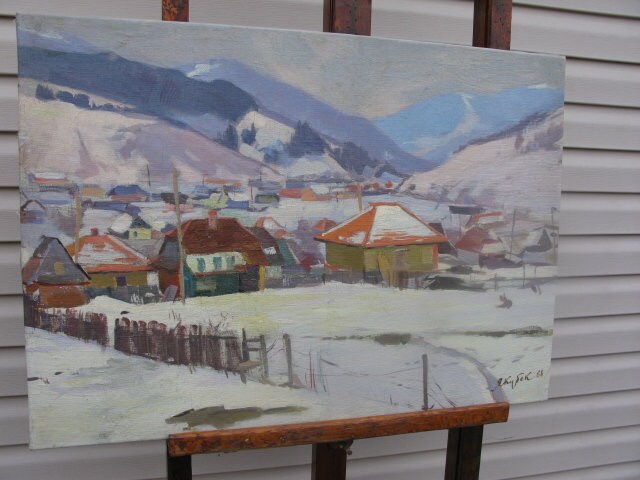 VINTAGE ORIGINAL PAINTING, oil painting, ukrainian painting, impressionism, landscape, Winter in the mountains, artist K. Yakubek