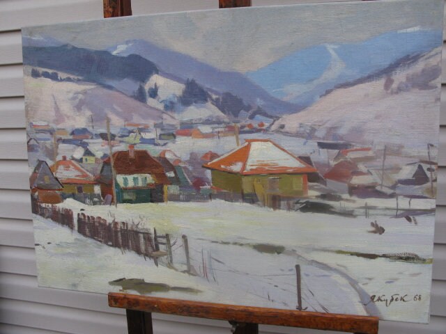 VINTAGE ORIGINAL PAINTING, oil painting, ukrainian painting, impressionism, landscape, Winter in the mountains, artist K. Yakubek