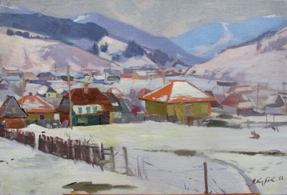 VINTAGE ORIGINAL PAINTING, oil painting, ukrainian painting, impressionism, landscape, Winter in the mountains, artist K. Yakubek