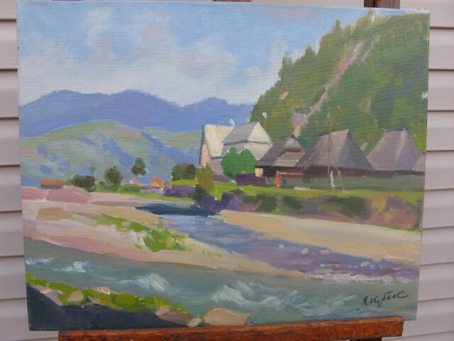 VINTAGE ORIGINAL PAINTING, oil painting, ukrainian painting, impressionism, landscape, River in the mountains, artist K. Yakubek