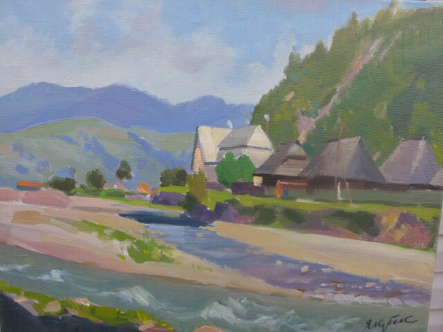 VINTAGE ORIGINAL PAINTING, oil painting, ukrainian painting, impressionism, landscape, River in the mountains, artist K. Yakubek