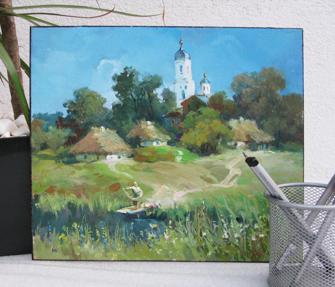 ORIGINAL PAINTING, vintage realism, modern painting, impressionism, landscape, The path to the church,  artist Y. Suprunchuk