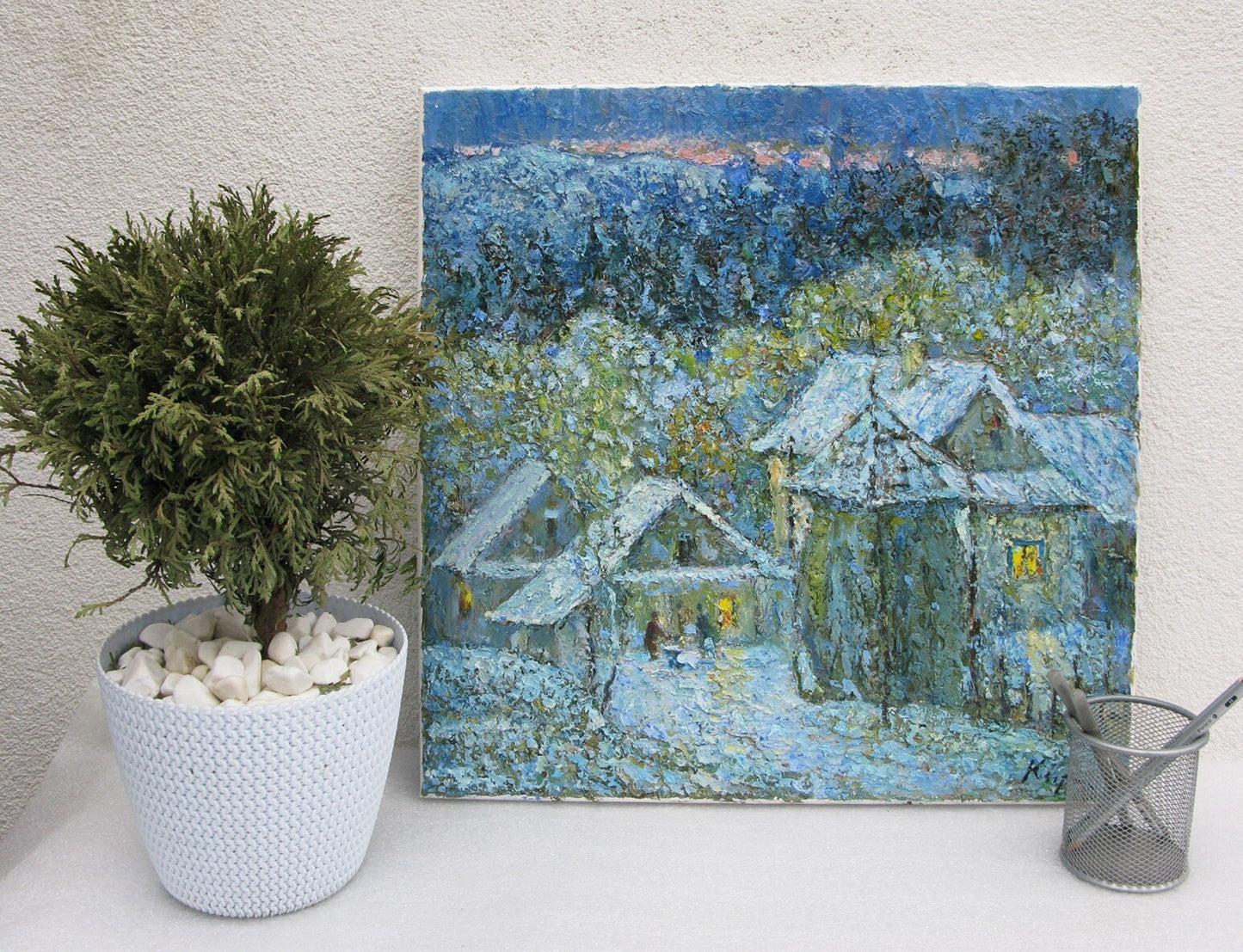 ORIGINAL PAINTING, oil painting, vintage realism, modern painting, impressionism, rural landscape, Winter evening, artist V. Kirilkov